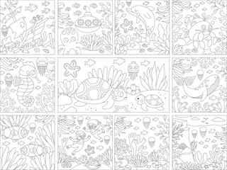 Wall Mural - Vector black and white under the sea square landscapes set. Ocean life line scenes collection with seaweeds, corals. Cute water nature backgrounds or coloring page with shipwreck, divers.