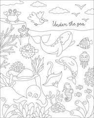 Wall Mural - Vector black and white under the sea landscape illustration with rock slope. Ocean life line scene with animals, dolphin, whale, shark, seagull. Cute vertical water nature coloring page, background.