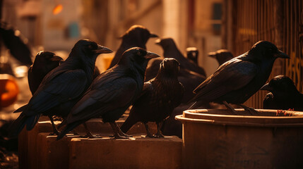 Poster - A group of crows gathering near a dumpster Generative AI 