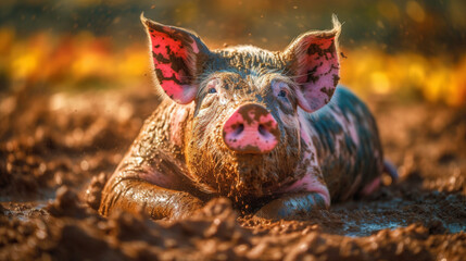 Poster -  Happy Pig Rolling in the Mud Generative AI 