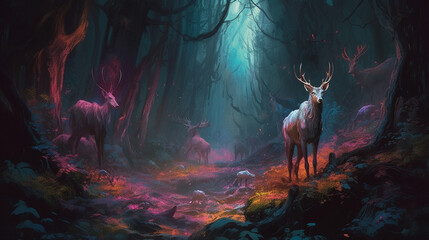 Canvas Print - A mystical deer leading a group of travelers through Generative AI 