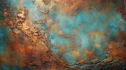 old copper. green and blue copper patina. Close-up Oxidized Copper Textured Wall. Generative Ai.