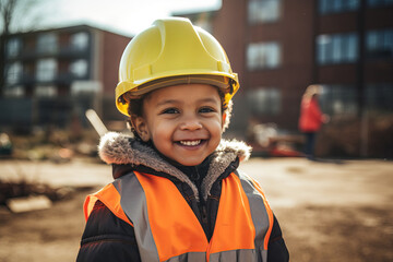 Portrait of a child construction worker wearing hard hat. Generative ai.