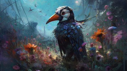 Wall Mural - Penguin in a meadow of flowers and butterflies Generative AI 