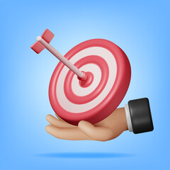 Poster - 3D Target with Arrow in Center Icon in Hand Isolated. Render Dartboard with Arrow. Goal Setting. Smart Goal. Business or Finance Target Concept. Achievement and Success. Vector Illustration