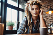 © mikhailberkut - Portrait of young attractive woman with a  multicolored fancy dreads drinks coffee in a modern coffee shop. Generative AI