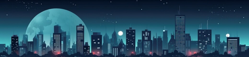 Sticker - illustration,landscape city at night,website header, generative ai