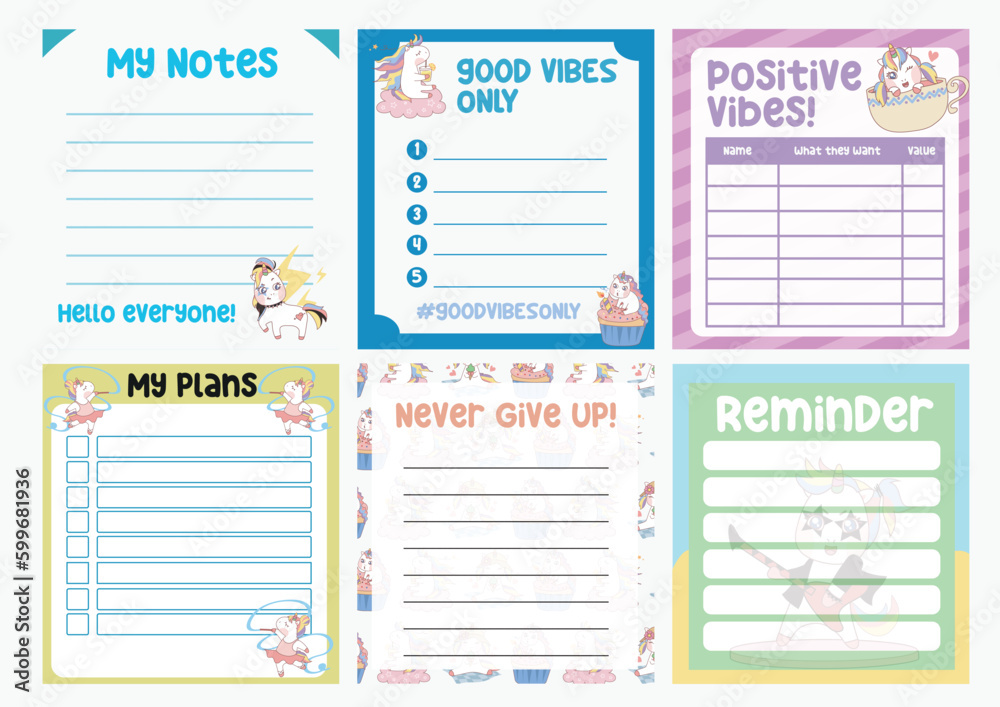 Cute weekly planner background for kids with cute and kawaii unicorn ...