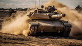 Fototapeta  - Desert combat with a battle tank that supports the army on the advance. us, russia, ukraine, military, army, chinese, vehicle, gun, battle, weapon, armored. Generative AI.