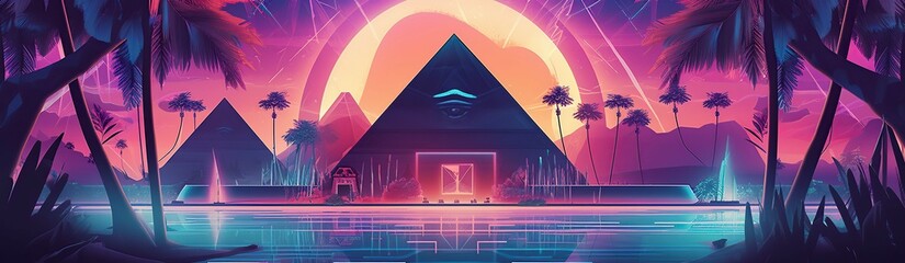 Wall Mural - illustration, egypt pyramids landscape, female eyes, fantasy, website header, generative ai