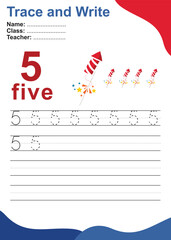 Number five tracing practice worksheet with 5 firecrackers for kids learning to count and to write with 4th July theme. Vector Illustration. Exercise for children to recognize the number.