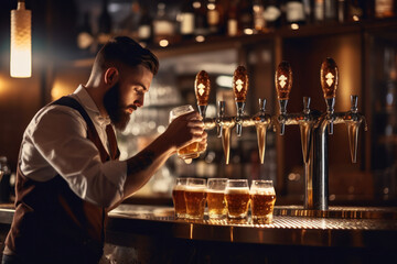 Wall Mural - Bartender pouring a large lager beer. 