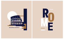 Simple Abstract Vector Illustration With Gold, White And Dark Royal Blue Colosseum And "Rome" On A Dusty Beige Background. Modern Cityscape Of Rome Ideal For Poster, Wall Art.