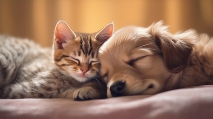 Cute sleeping cat and dog. Illustration AI Generative