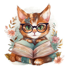 Wall Mural - Reader Boho Cat Book Watercolor png art for sublimation Design, Generative AI