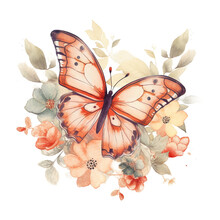 Retro Floral Butterfly Watercolor Png Art For Sublimation Design, Generative AI