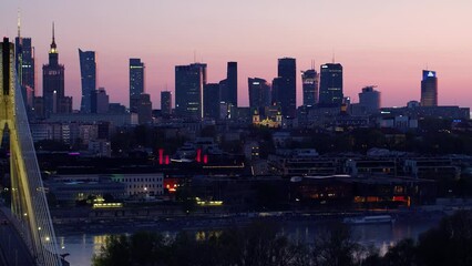 Wall Mural - Warsaw city center at twilight, aerial footage