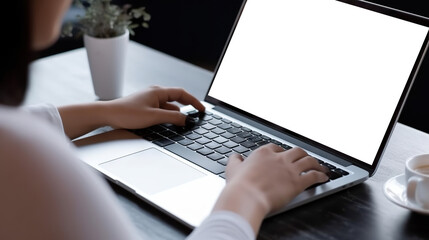 Close up of hands using keyboard of laptop with cut out screen. Based on Generative AI