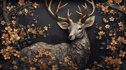 Elegant Luxury Golden and Black Deer Animal with Seamless Floral and Flowers with Leaves background. 3d Abstraction Modern interior mural painting illustration of a deer with flower wallpaper