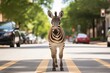 zebra standing in the middle of a busy urban street Generative AI