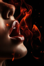 Woman Lips In Flame Fire, Passion, Love And Sex On Dark Background, Generative Ai.