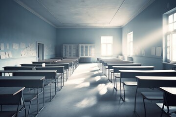 Poster - an empty classroom with neatly arranged desks and chairs generative ai