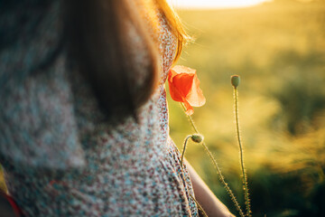 Wall Mural - Beautiful poppy flower at woman in floral dress close up in barley field in sunset light. Stylish female relaxing in evening summer countryside and gathering flowers. Atmospheric tranquil moment