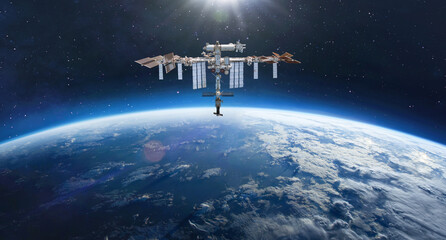 Leinwandbilder - International Space station on orbit of Earth. Space wallpaper with ISS and planet surface in deep outer space. Stars in space. Astronauts in space. Elements of this image furnished by NASA