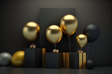 golden balloons and black gift boxes with a gold ribbon stand on a black background near the wall. Generative AI