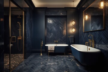 Wall Mural - The 3D render displays an exquisite royal blue bathroom, modern style and marble details, featuring an elegant freestanding tub and glass-enclosed shower.