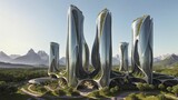 Fototapeta Las - Landscape of a sci-fi futuristic skyscraper village masterplan in nature, surrounded by lush broadleaf vegetation - Generative AI Illustration