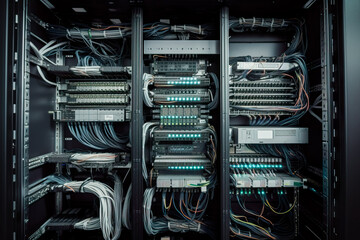 Poster - network server room with lots of cables ready for data transfer - technology background. Generative AI
