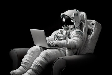 Astronaut sitting on sofa with laptop. Generative AI