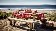 Coastal Picnic Delight. Experience The Serene Beach Scene With An Empty Picnic Table Overlooking The Ocean, Adorned With A Red And White Checkered Tablecloth. Copy Space. Summer Concept AI Generative
