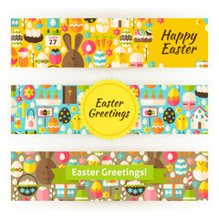 Wall Mural - Easter Greetings Template Banners Set in Modern Style. Flat Design Vector Illustration of Brand Identity for Spring Promotion. Religious Holiday Colorful Pattern for Advertising.