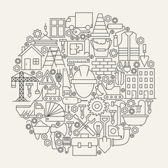  Construction Tools Line Icons Set Circle Shape. Vector Illustration of Modern Building Equipment Objects.