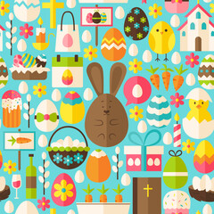 Wall Mural - Happy Easter Holiday Blue Seamless Pattern. Flat Design Vector Illustration. Tile Background. Set of Spring Christian Religion Items.