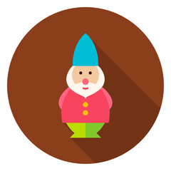 Garden Gnome Circle Icon. Flat Design Vector Illustration with Long Shadow. Nature Gardening Symbol.