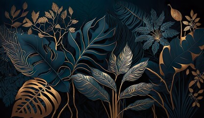 tropical leaves wallpaper, dark blue and gold, background banner, mural art, watercolor illustration. Generative AI