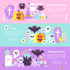  Trendy Halloween Web Horizontal Banners. Flat Style Vector Illustration for Website Header. Trick or Treat Objects.