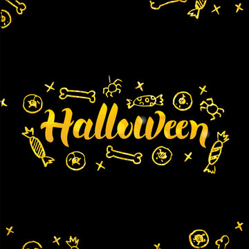 Halloween Gold Lettering over Black. Vector Illustration of Seasonal Holiday Calligraphy with Golden Decoration.