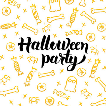 Halloween Party Gold Greeting Card. Vector Illustration of Seasonal Holiday Lettering with Golden Decoration.