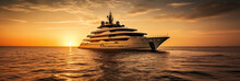A luxury mega yacht with golden glass in the ocean at a sunset, generative ai