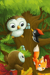 Wall Mural - cartoon animals tree owl woodpecker squirrel illustration