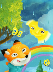 Wall Mural - cartoon rainy scene with owls butterflies fox and rainbow