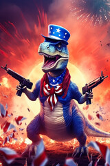 Wall Mural - Patriotic American dinosaur with guns. Generative AI
