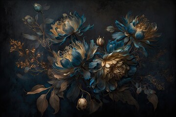 Wall Mural - Subtly textured blue and gold painted flowers dark moody background. Generative AI AIG15.