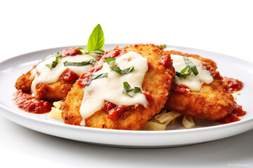 Chicken Parmesan, breaded chicken cutlet with tomato sauce and mozzarella cheese. Generative AI.