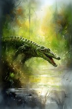 Crocodile Jumps In Swamp: Portrait Digital Brush Painting Of A Reptile Alligator Crocodile In Jungle Background Created With Generative AI Technology
