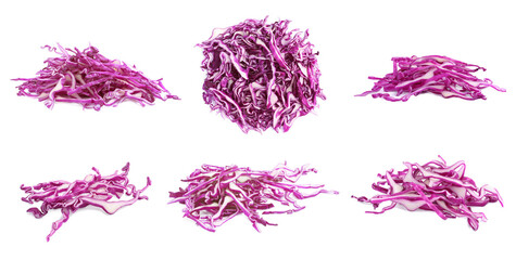Collage with piles of shredded fresh red cabbage on white background